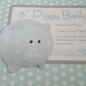 8" Baby Boy Blue Ceramic Polk a dot Piggy Bank